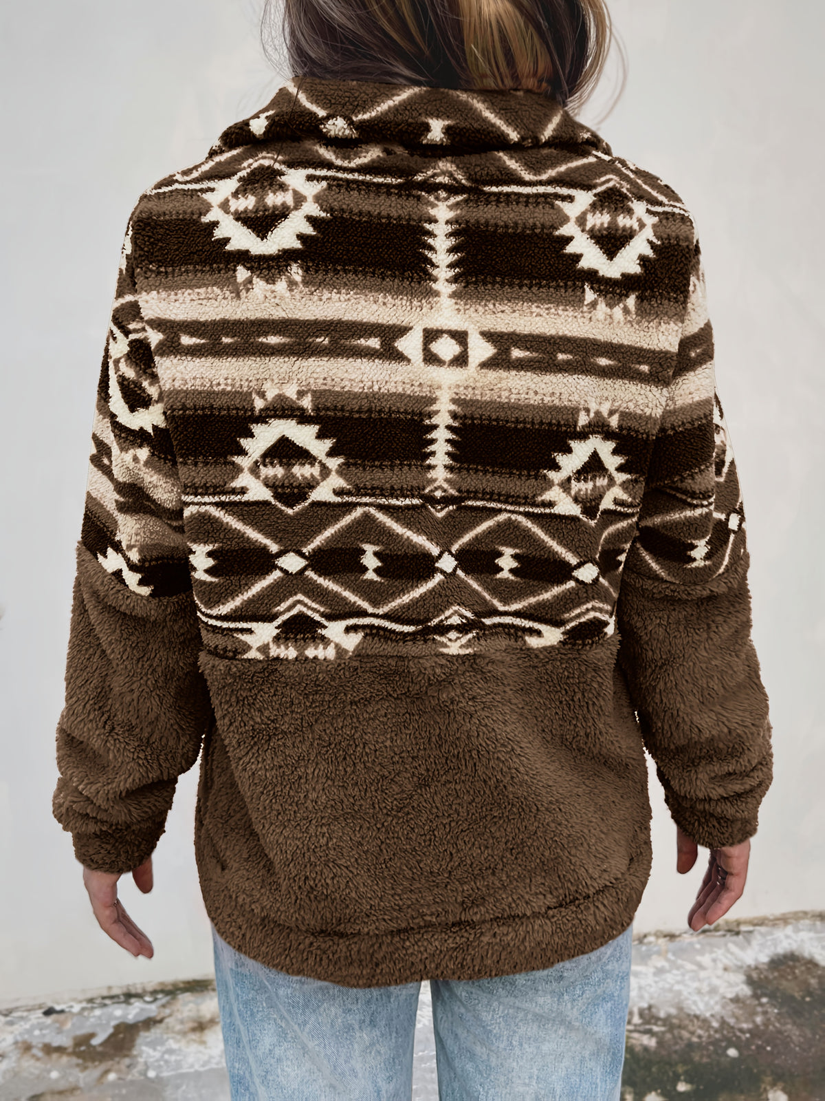 Sweat-shirt Teddy à motif géométrique – Pull polaire demi-zippé pour l'automne et l'hiver