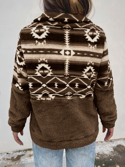 Sweat-shirt Teddy à motif géométrique – Pull polaire demi-zippé pour l'automne et l'hiver