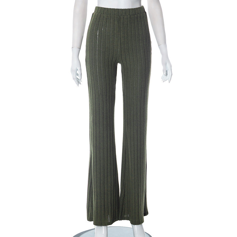 Loom & Soul Women’s Fashionable High Waist Trousers – Lightweight Polyester Wide-Leg Pants with Stitch Detail (Green, Gray, Khaki)