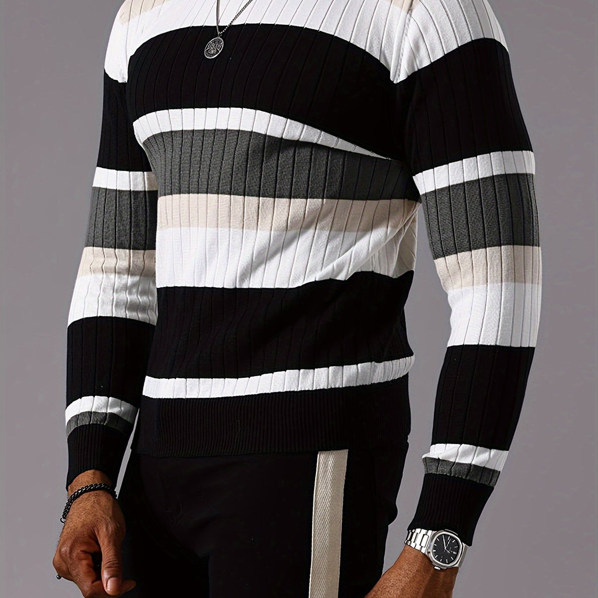 Men’s Striped Ribbed Knit Sweater – Color-Block Fall Winter Pullover