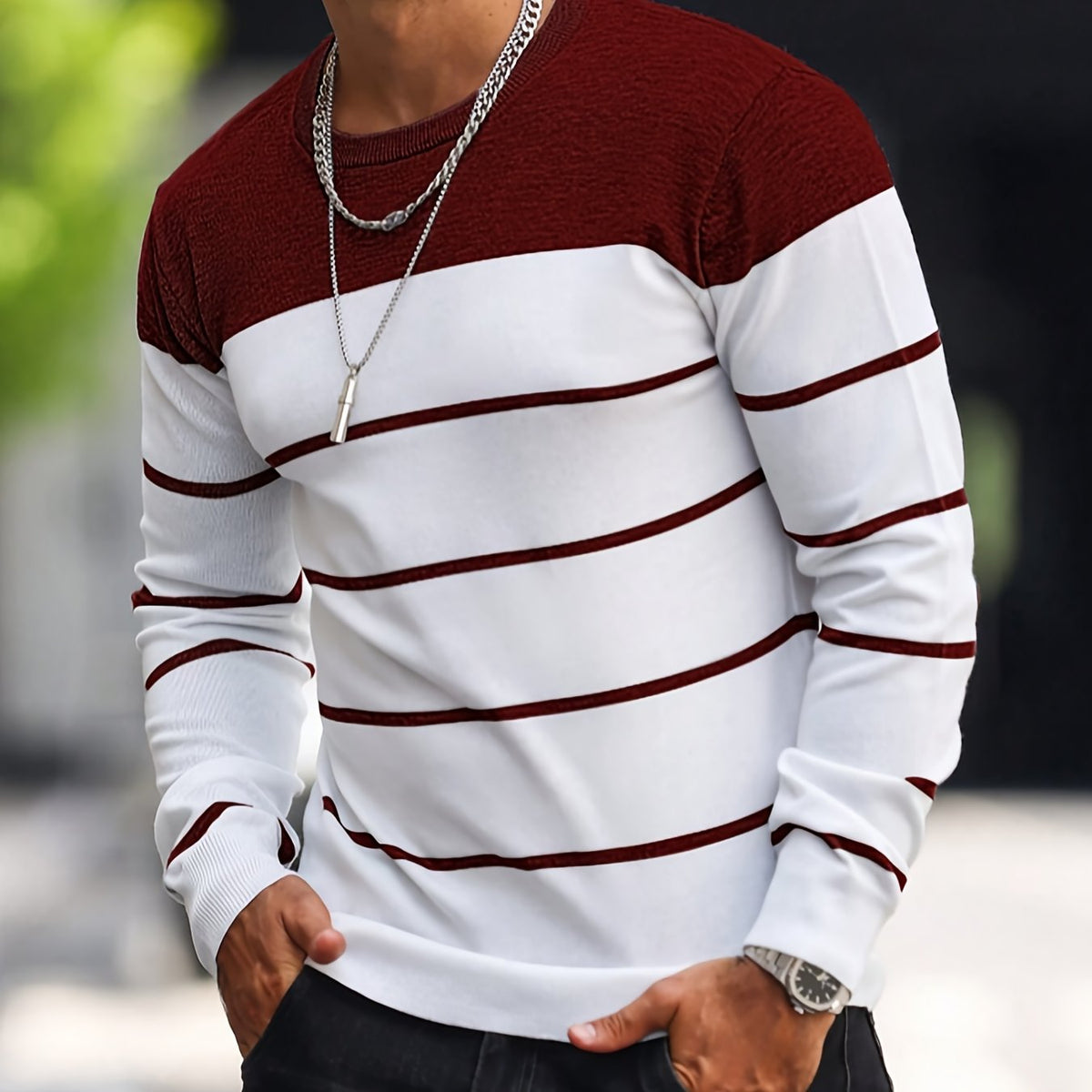 Men’s Navy Striped Knit Sweater – Casual Crew Neck Pullover