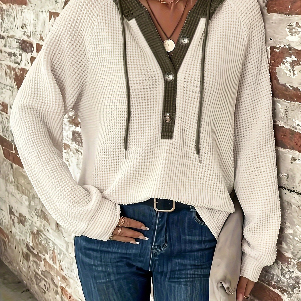 Women’s Color Block Hoodie – Button-Front Drawstring Casual Sweatshirt