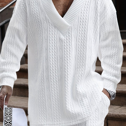 Men’s V-Neck Knit Sweater – Jacquard Rib Casual Pullover
