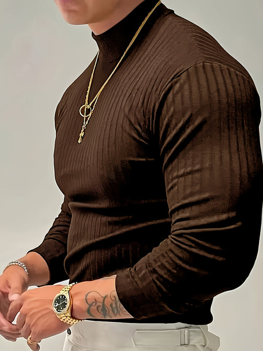 Men’s Ribbed Slim Fit Long Sleeve Tee – Athletic Stand Collar Shirt