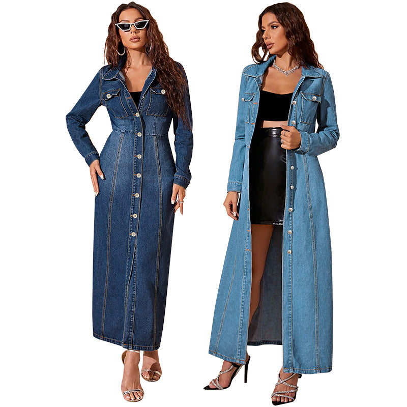 Robe cardigan en jean boutonnée pour femme – Coupe droite manches longues