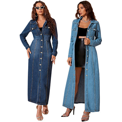 Robe cardigan en jean boutonnée pour femme – Coupe droite manches longues