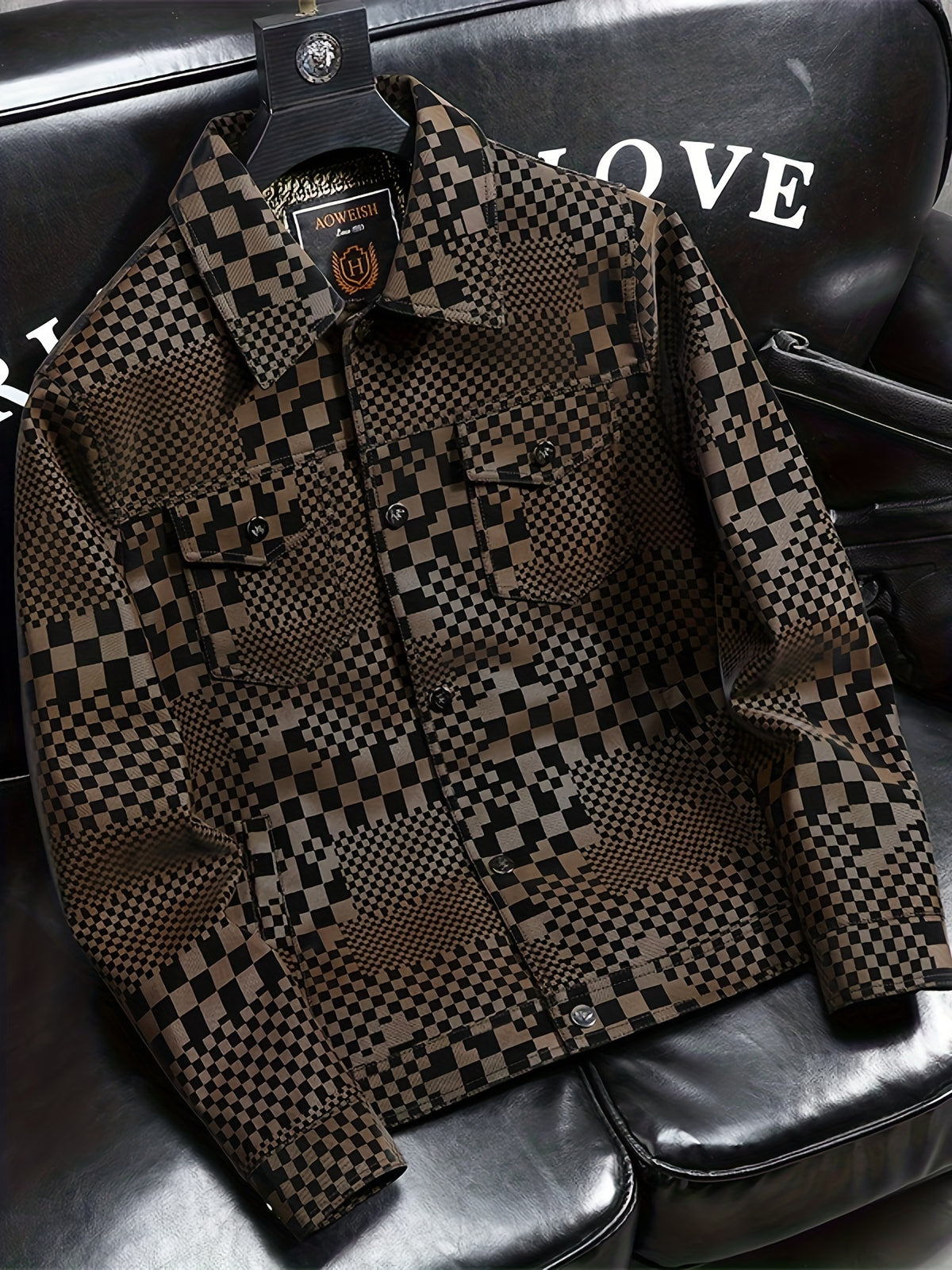 Manteau en PU à carreaux pour hommes – Veste de rue pied-de-poule noir et marron