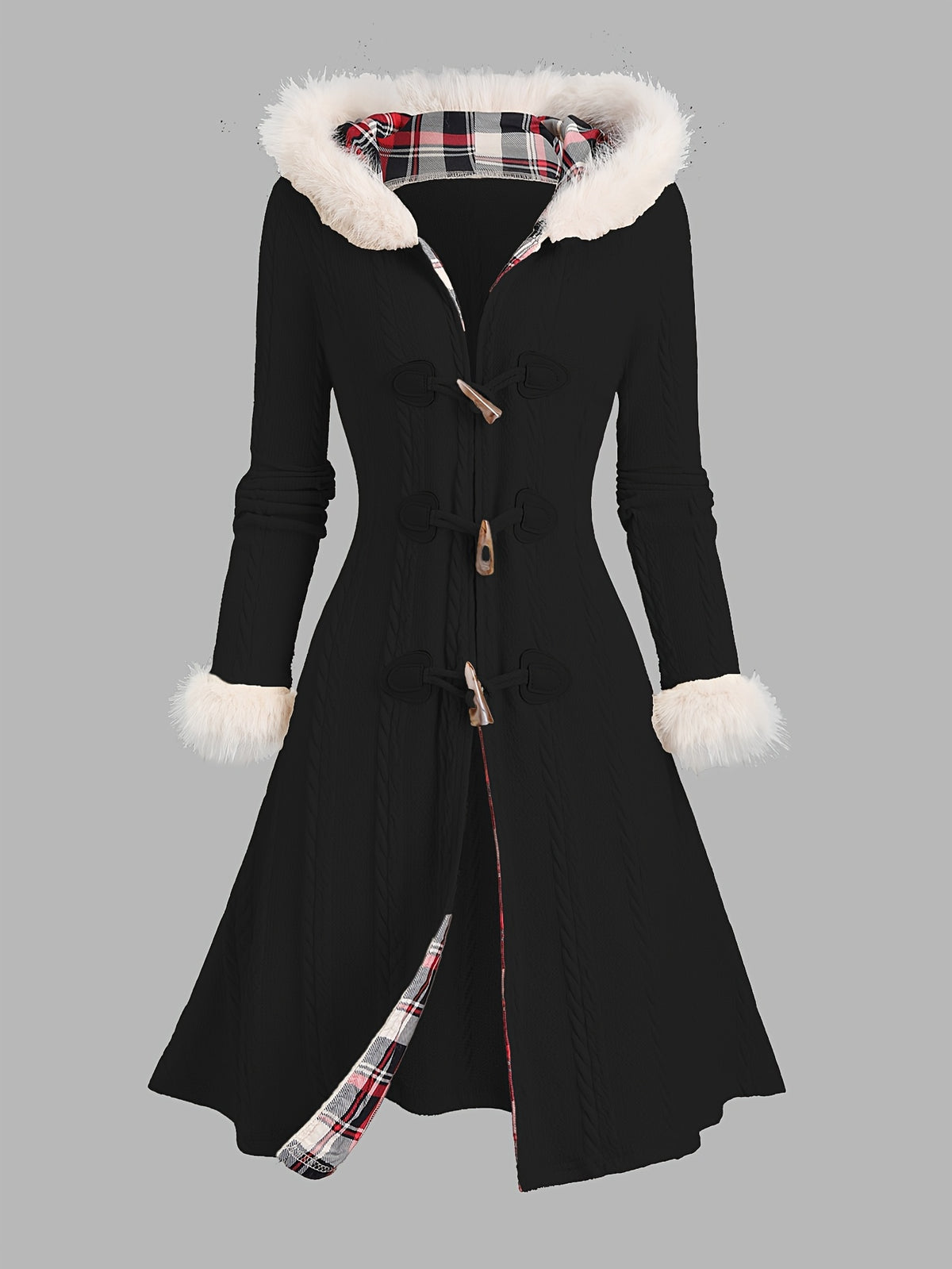 Manteau à capuche écossais Y2K pour femme – Veste longue d'hiver patchwork rouge et blanc