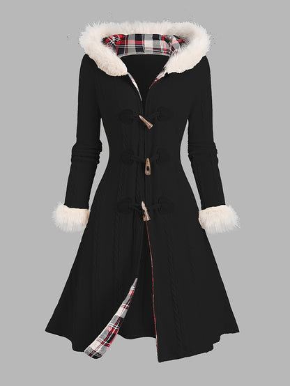 Manteau à capuche écossais Y2K pour femme – Veste longue d'hiver patchwork rouge et blanc
