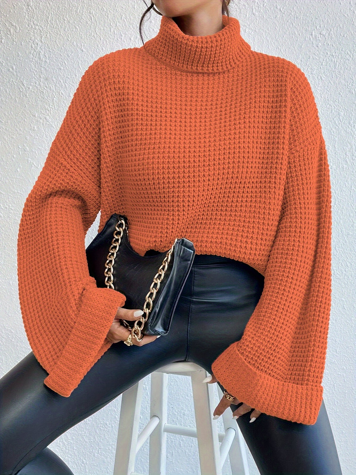 Women’s High-Neck Drop Shoulder Waffle Sweater – Vibrant Blue Knit