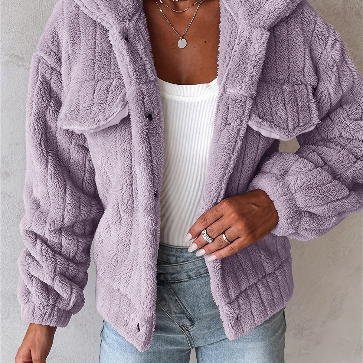 Veste douillette rose pâle en peluche pour femme – Manteau d'hiver chaud à revers boutonné