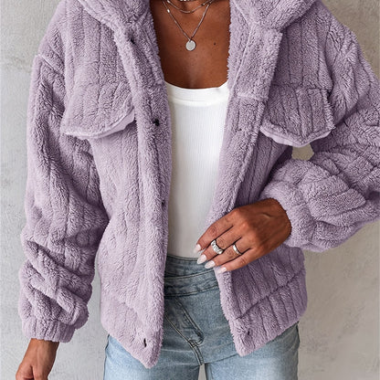 Veste douillette rose pâle en peluche pour femme – Manteau d'hiver chaud à revers boutonné