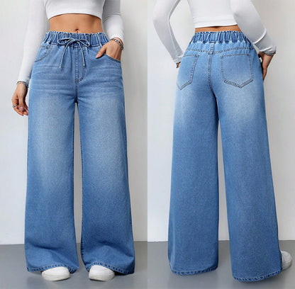 Jean large taille haute pour femme – Denim stretch avec cordon de serrage 2025