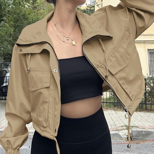 Women’s Short Zip Trench Jacket – Solid Color Street Style