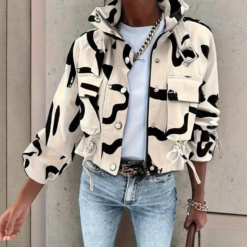 Women’s Stand Collar Jacket with Button & Zipper – Casual Short Fit