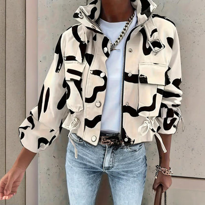 Women’s Stand Collar Jacket with Button & Zipper – Casual Short Fit