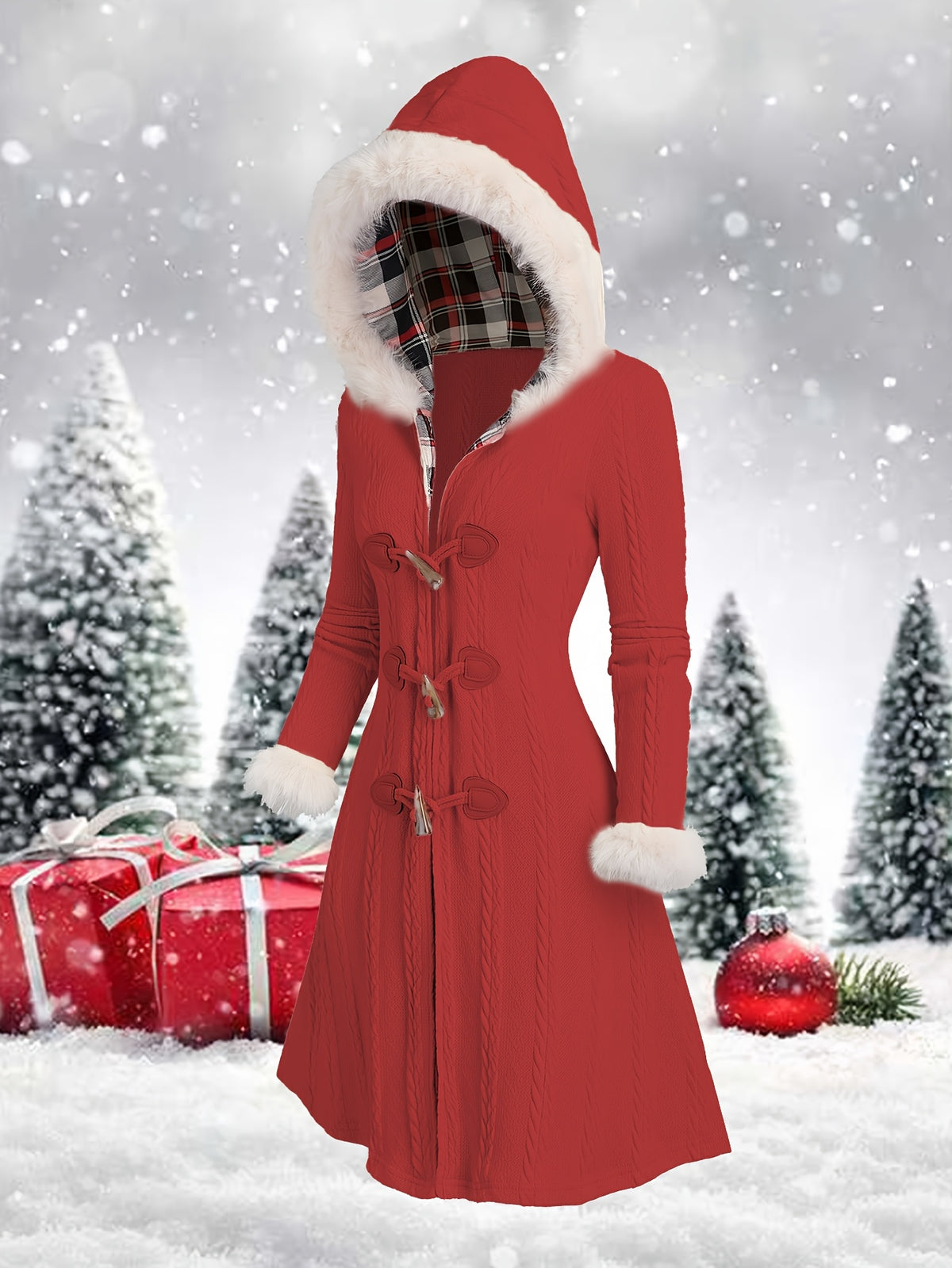 Manteau à capuche écossais Y2K pour femme – Veste longue d'hiver patchwork rouge et blanc
