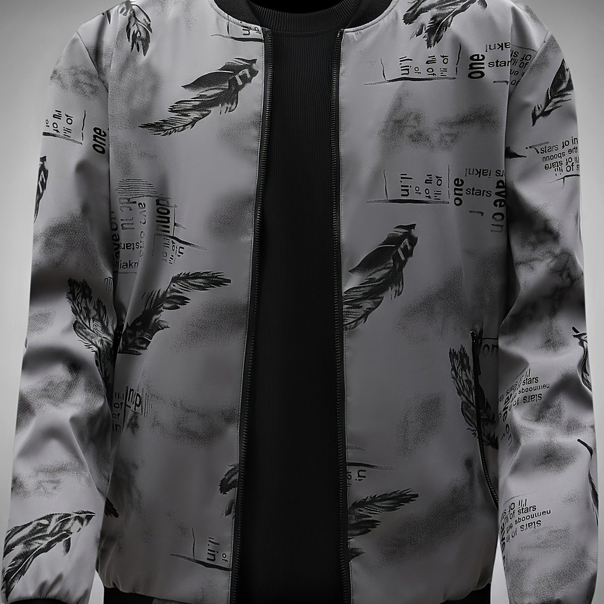 Men’s Feather Print Track Jacket – Zip-Up Baseball Collar Street Coat