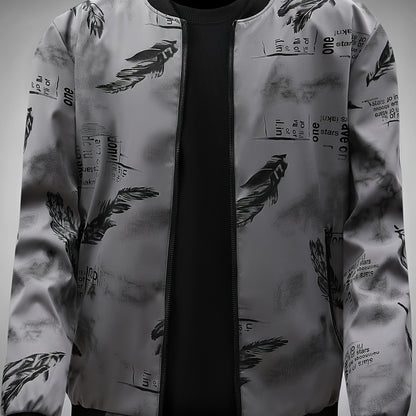 Men’s Feather Print Track Jacket – Zip-Up Baseball Collar Street Coat