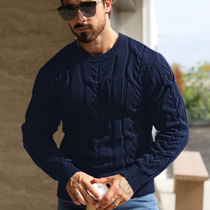 Suéter de punto a rayas para hombre – Suéter suave con cuello redondo y ribete acanalado