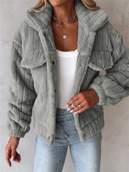 Veste douillette rose pâle en peluche pour femme – Manteau d'hiver chaud à revers boutonné