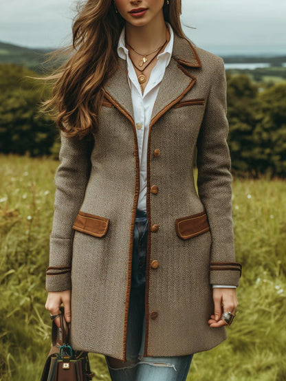 Manteau à chevrons marron – Veste élégante mi-longue ceinturée