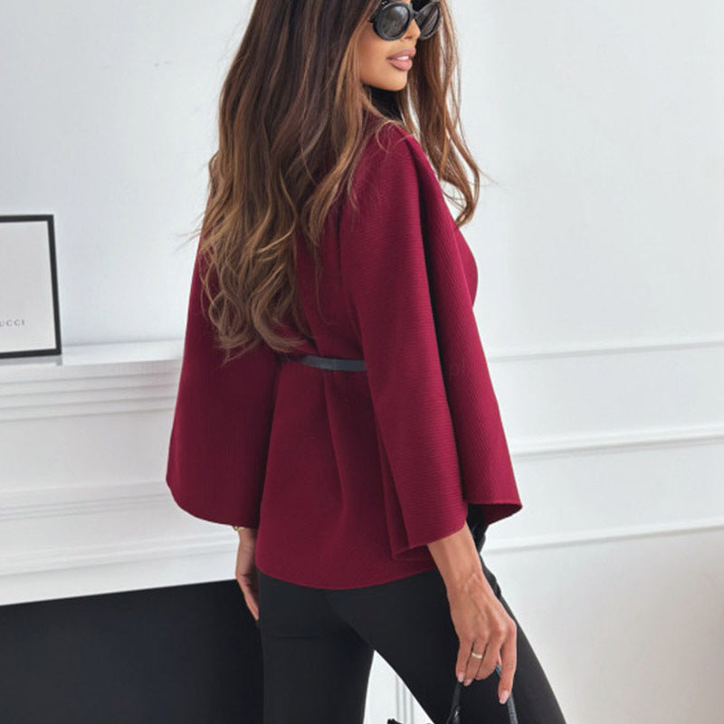 Loom & Soul Batwing Cloak Top – Stand Collar Woolen Belted Jacket for Women
