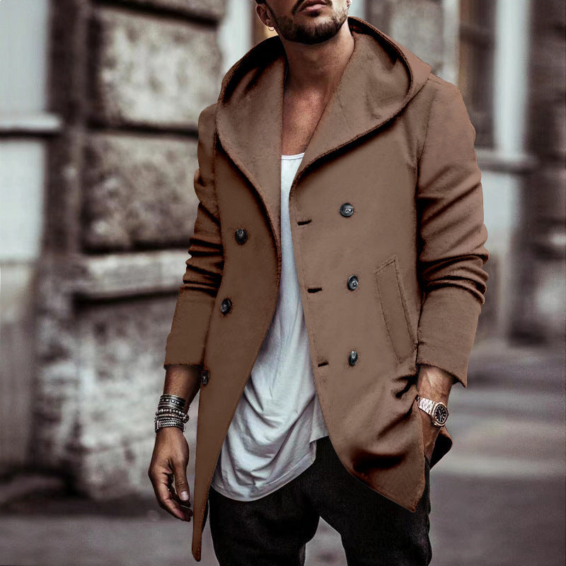 Men’s Hooded Double-Breasted Trench Coat – Mid-Length Loose Fit