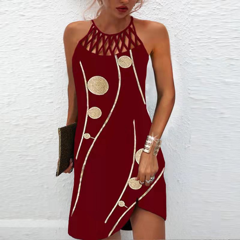 Robe d'été dos nu imprimée – Robe midi trapèze décontractée pour femme