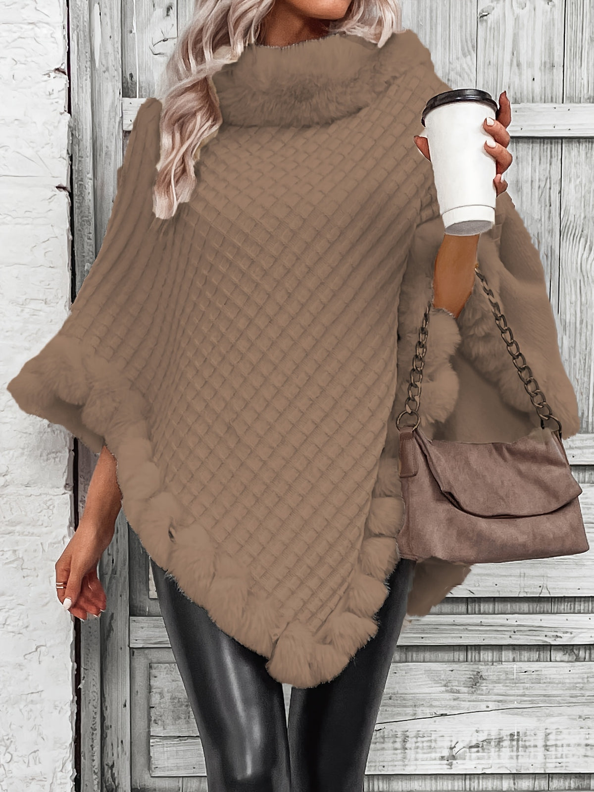 Women’s Faux Fur Cape Coat – Elegant Plush Collar Winter Outerwear