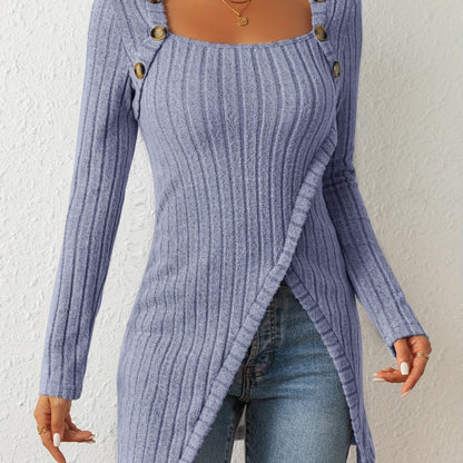 T-shirt en maille ajusté pour femme – Haut à manches longues et col carré