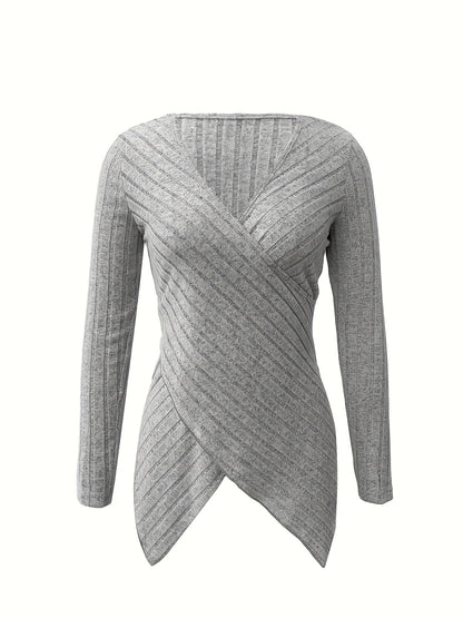 Haut élégant femme col en V – T-shirt en maille extensible avec détail croisé