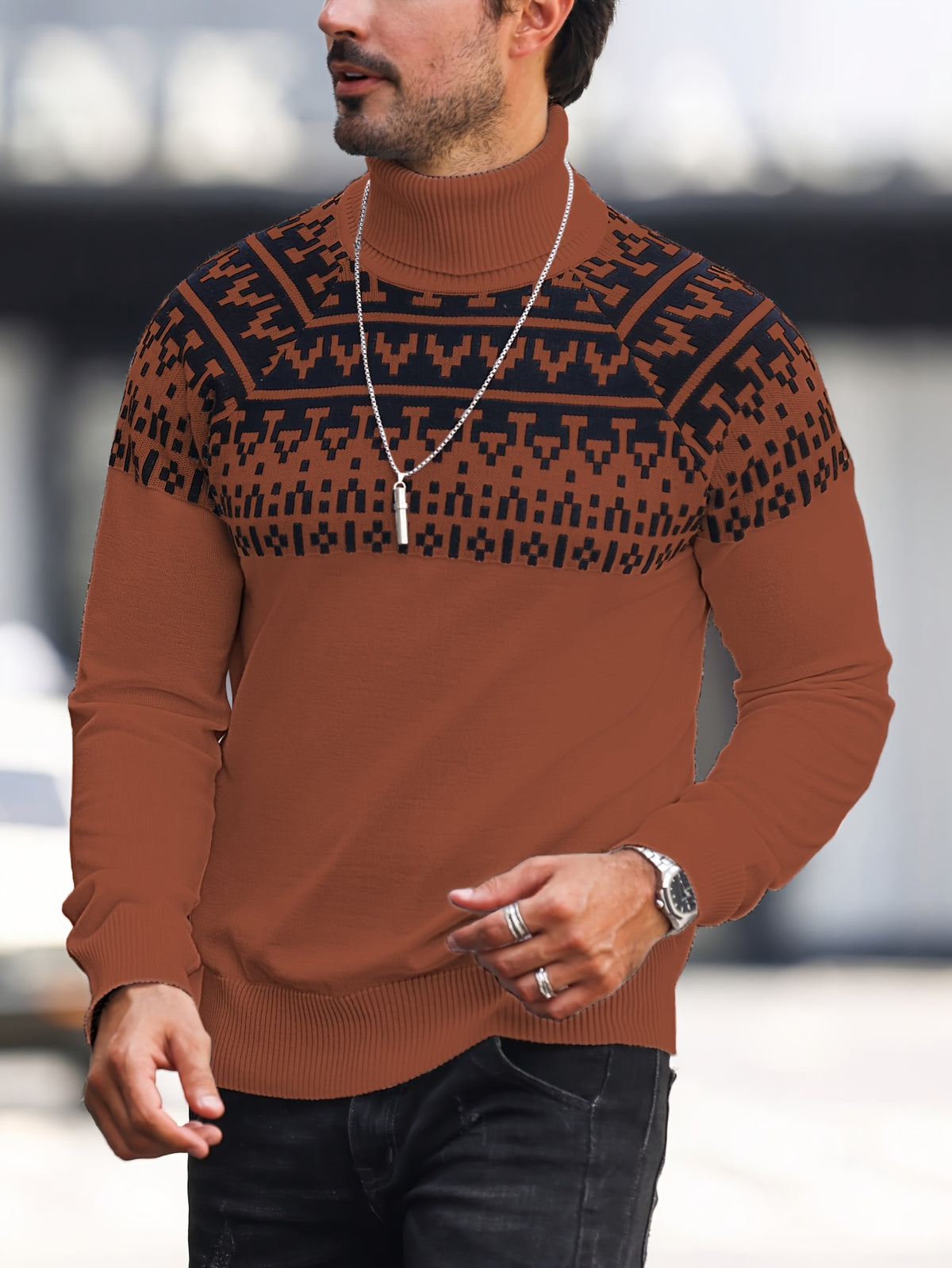 Men’s Geometric Turtleneck Sweater – Casual Knit Pullover for Fall & Winter