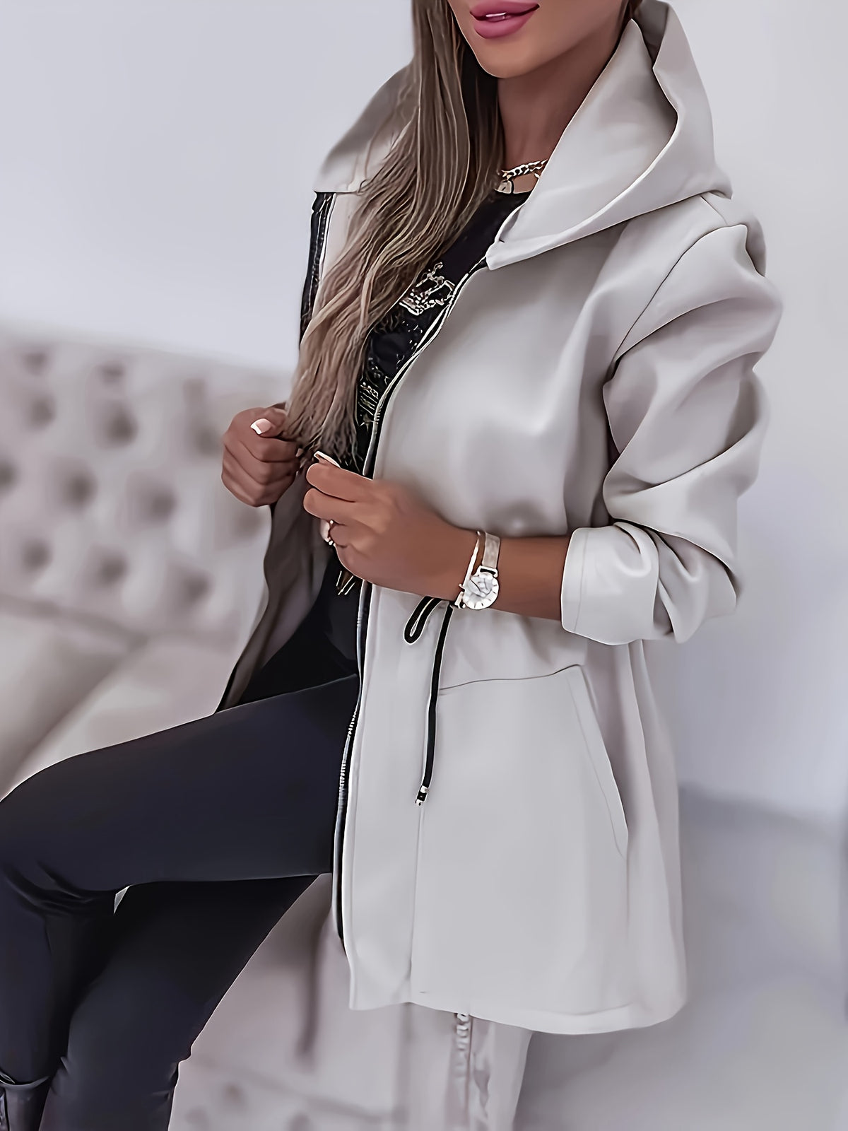 Women’s Solid Hooded Jacket – Machine-Washable Polyester Fall/Winter Coat