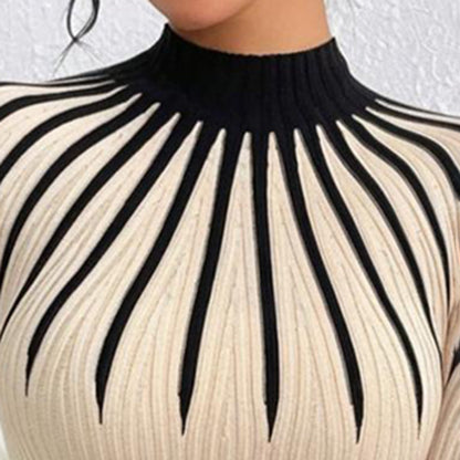 Women’s Slim Fit Mock Neck Sweater – Ribbed Striped Long Sleeve Knit