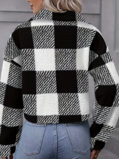 Manteau en peluche à carreaux pour femme – Vêtement d'extérieur chaud à carreaux pour l'automne/hiver avec boutons