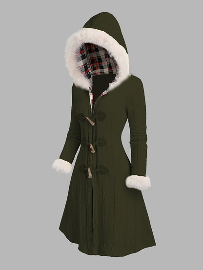 Manteau à capuche écossais Y2K pour femme – Veste longue d'hiver patchwork rouge et blanc