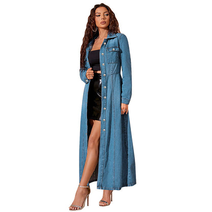 Robe cardigan en jean boutonnée pour femme – Coupe droite manches longues