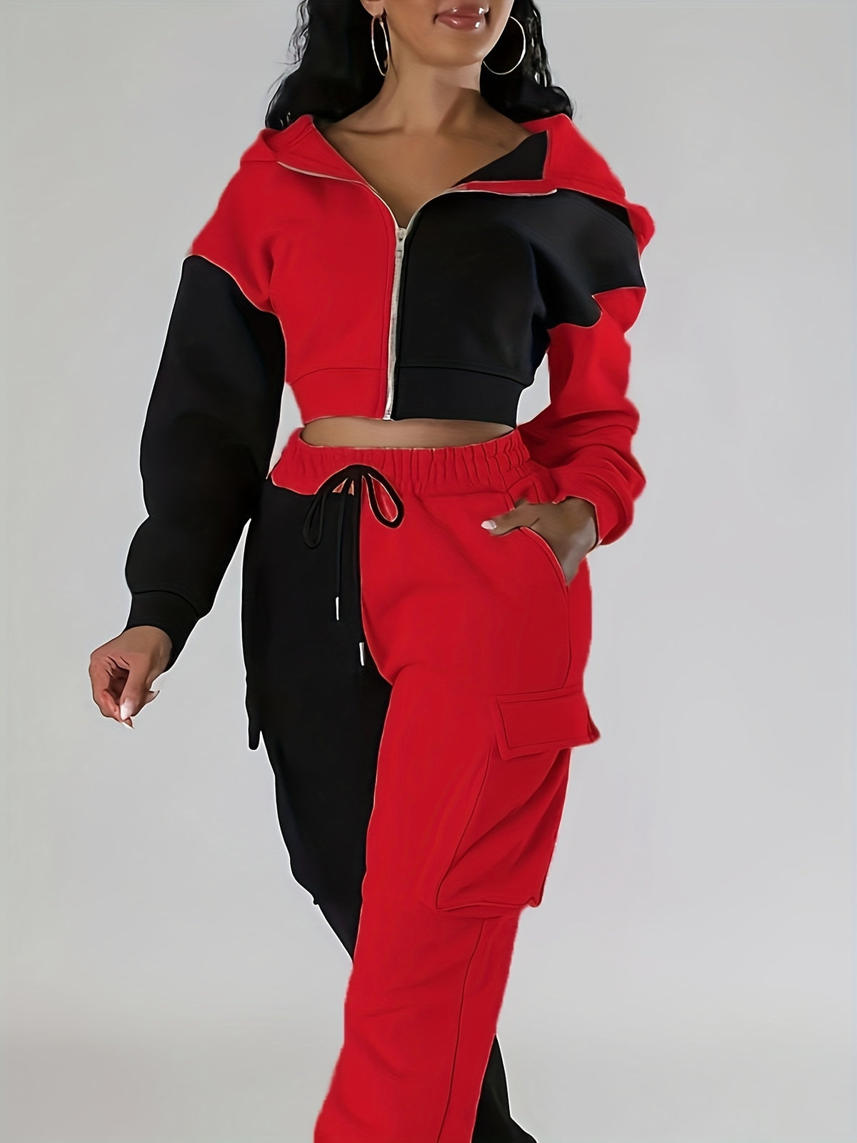 Colorblock Hooded Jacket & Cargo Pants Set – Women’s Zip-Up Two-Piece
