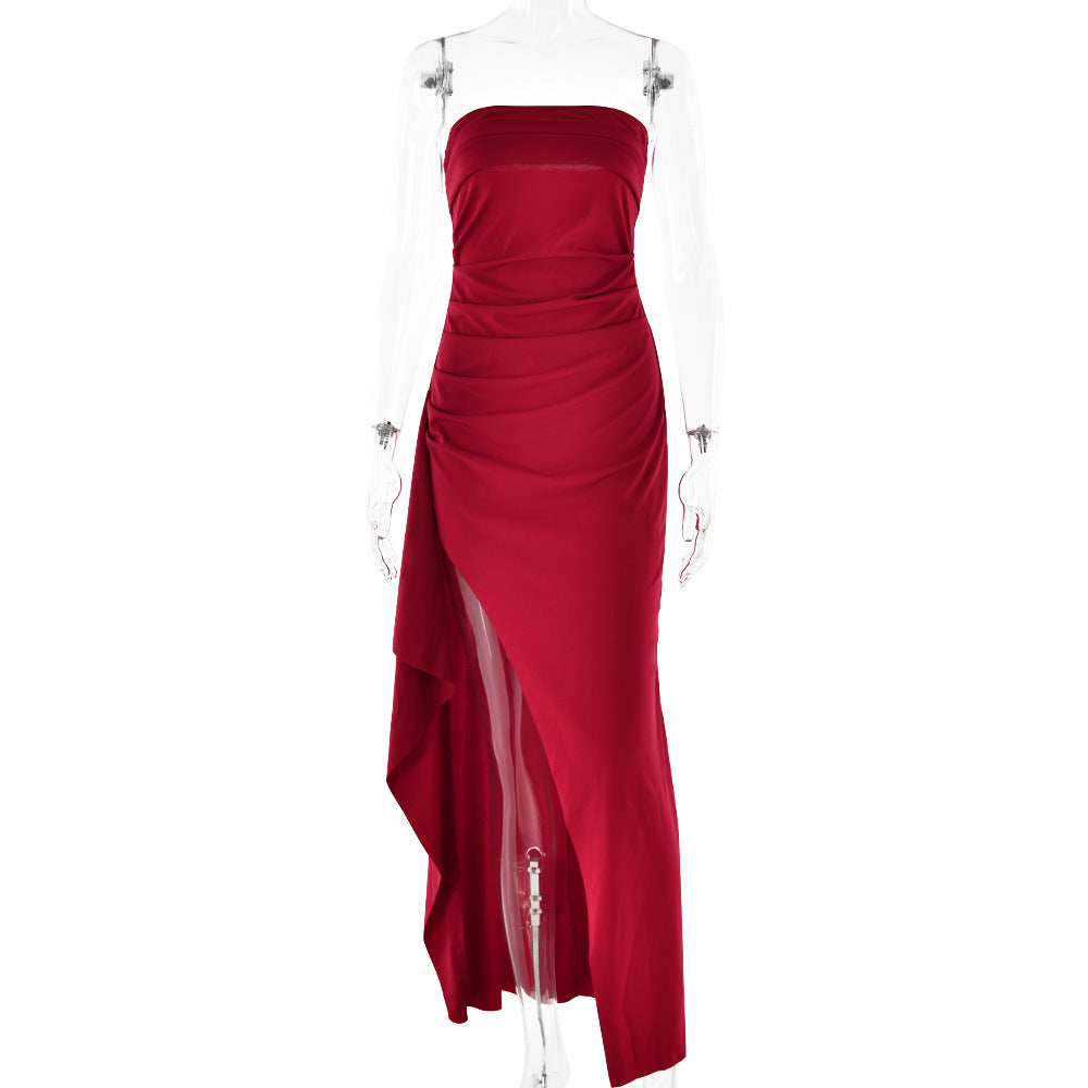 Robe longue plissée bustier – Robe de soirée de demoiselle d'honneur élégante fendue
