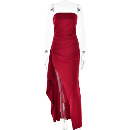 Robe longue plissée bustier – Robe de soirée de demoiselle d'honneur élégante fendue