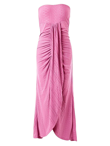 Robe Midi Brodé Épaules Dénudées – Robe Longue Élégante Fendue à Effet Cache-cœur
