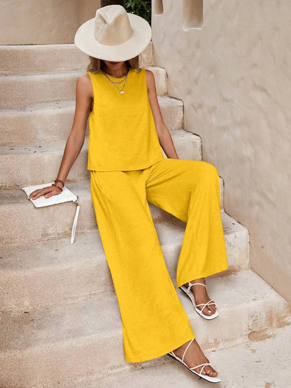 Women’s Linen Two-Piece Set – Sleeveless Top & Loose Pants Outfit