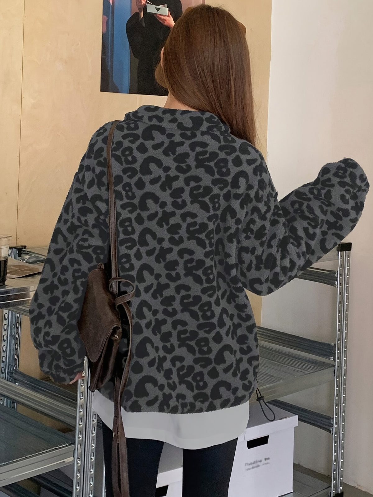 Sweat à Capuche Élégnant en Peluche Imprimé Léopard – Veste Doublée Polaire Douce à Fermeture Éclair