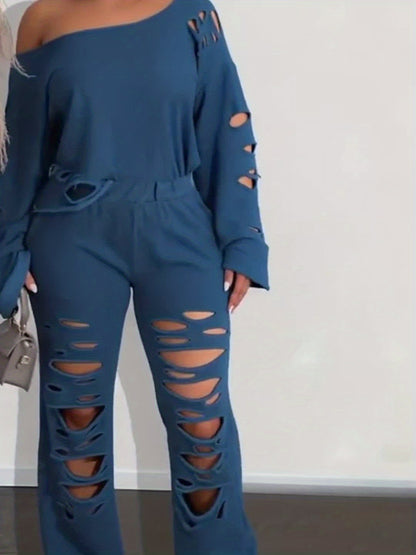 Conjunto de 2 piezas para mujer, hombros descubiertos, efecto envejecido – Top de manga larga y pantalón rasgado