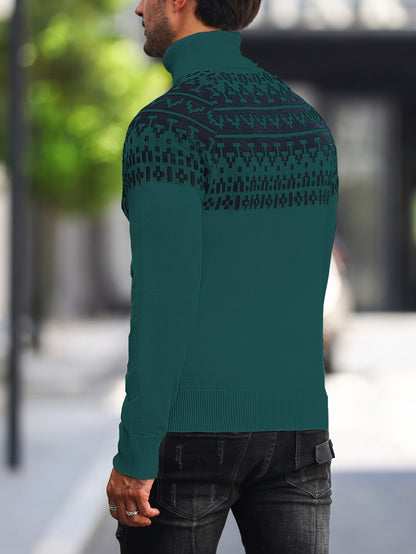 Men’s Geometric Turtleneck Sweater – Casual Knit Pullover for Fall & Winter