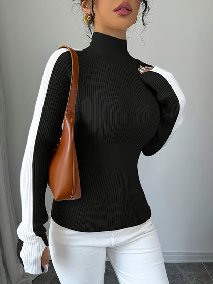 Women’s Color Block Turtleneck Sweater – Elegant Soft Knit Top