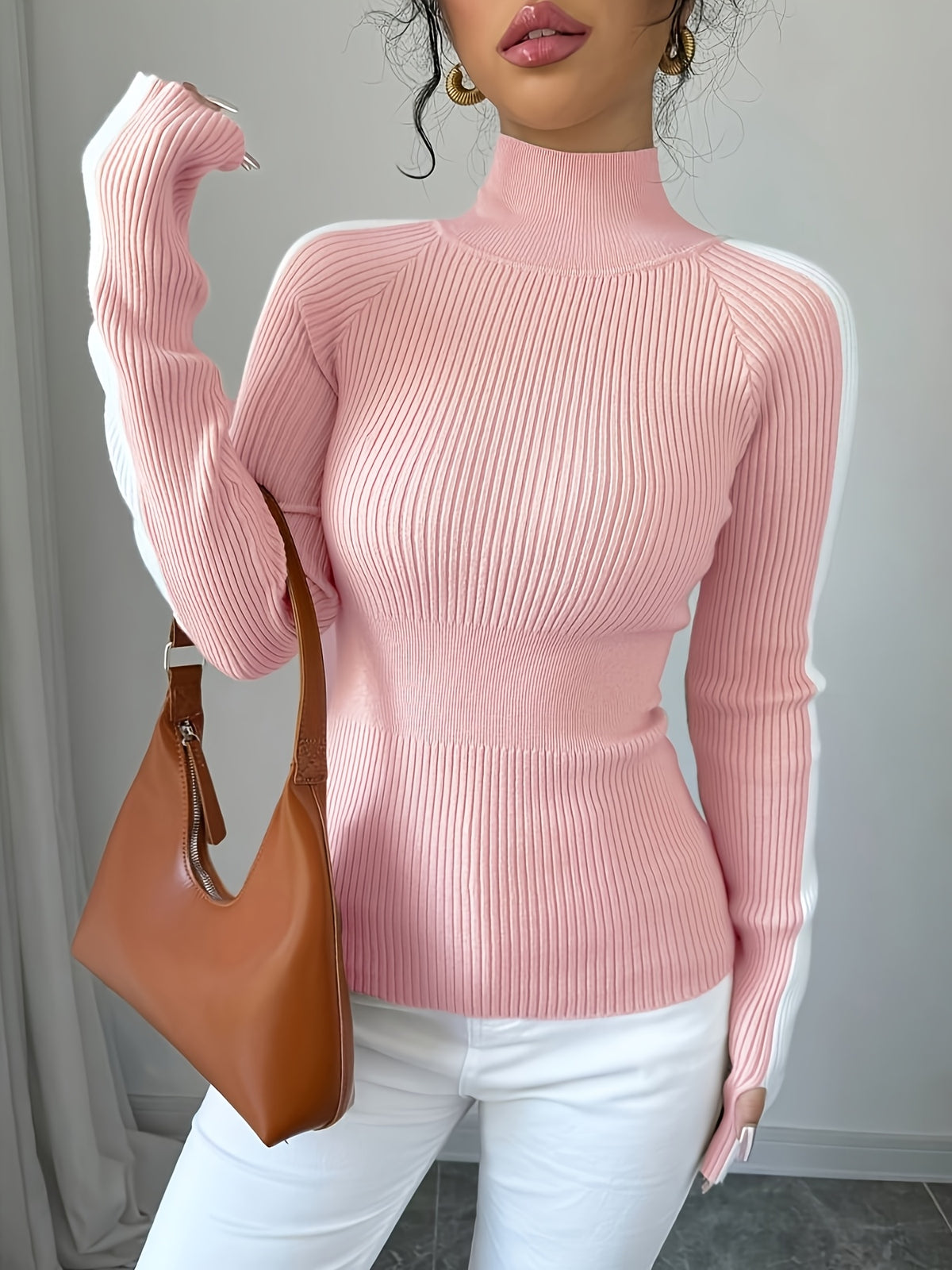 Women’s Color Block Turtleneck Sweater – Elegant Soft Knit Top