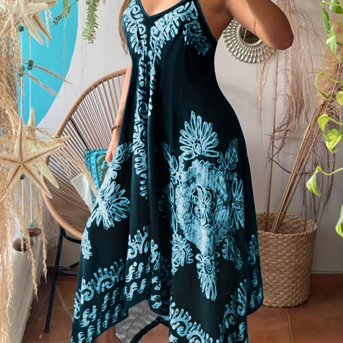 Robe longue bohème à fleurs – Robe d'été décolletée à fines bretelles