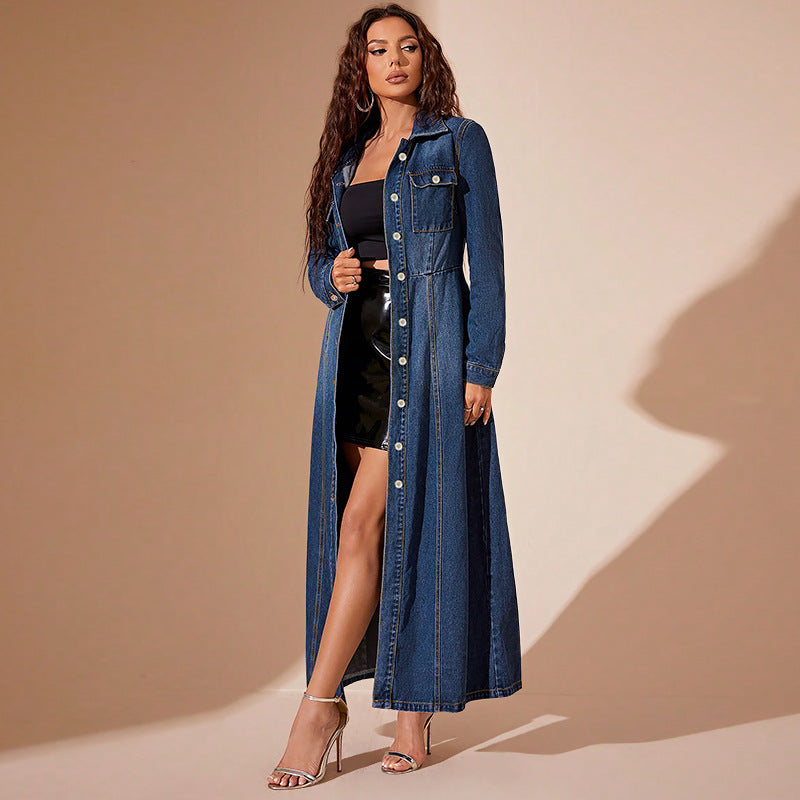 Robe cardigan en jean boutonnée pour femme – Coupe droite manches longues